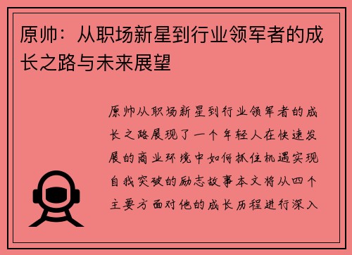 原帅：从职场新星到行业领军者的成长之路与未来展望